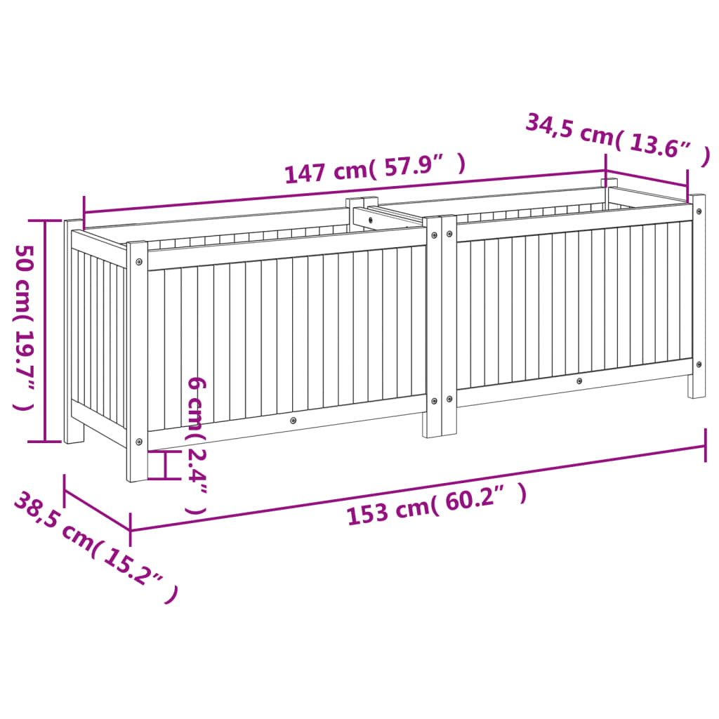 Plantenbak met voering 153x38,5x50 cm massief acaciahout