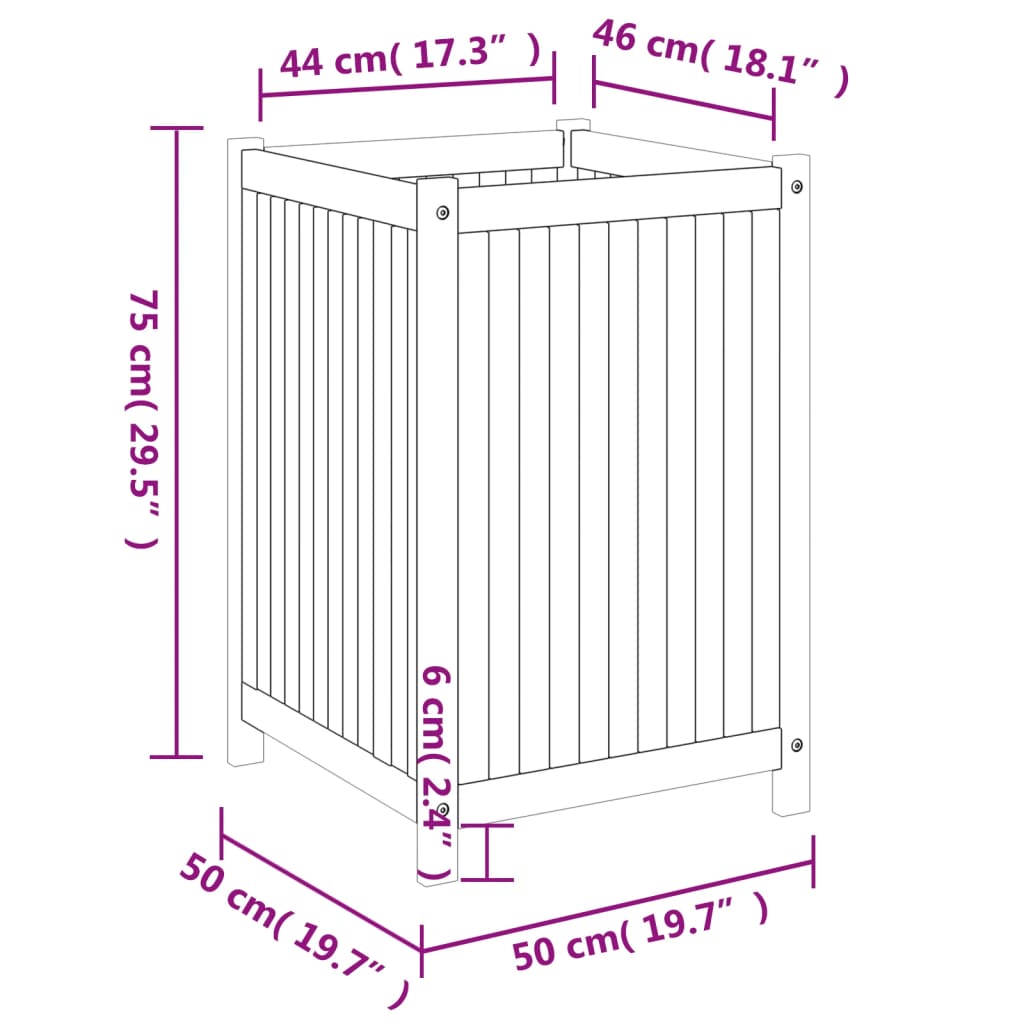 Plantenbak met voering 50x50x75 cm massief acaciahout