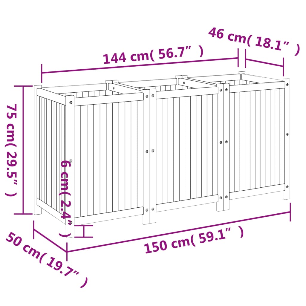 Plantenbak met voering 150x50x75 cm massief acaciahout