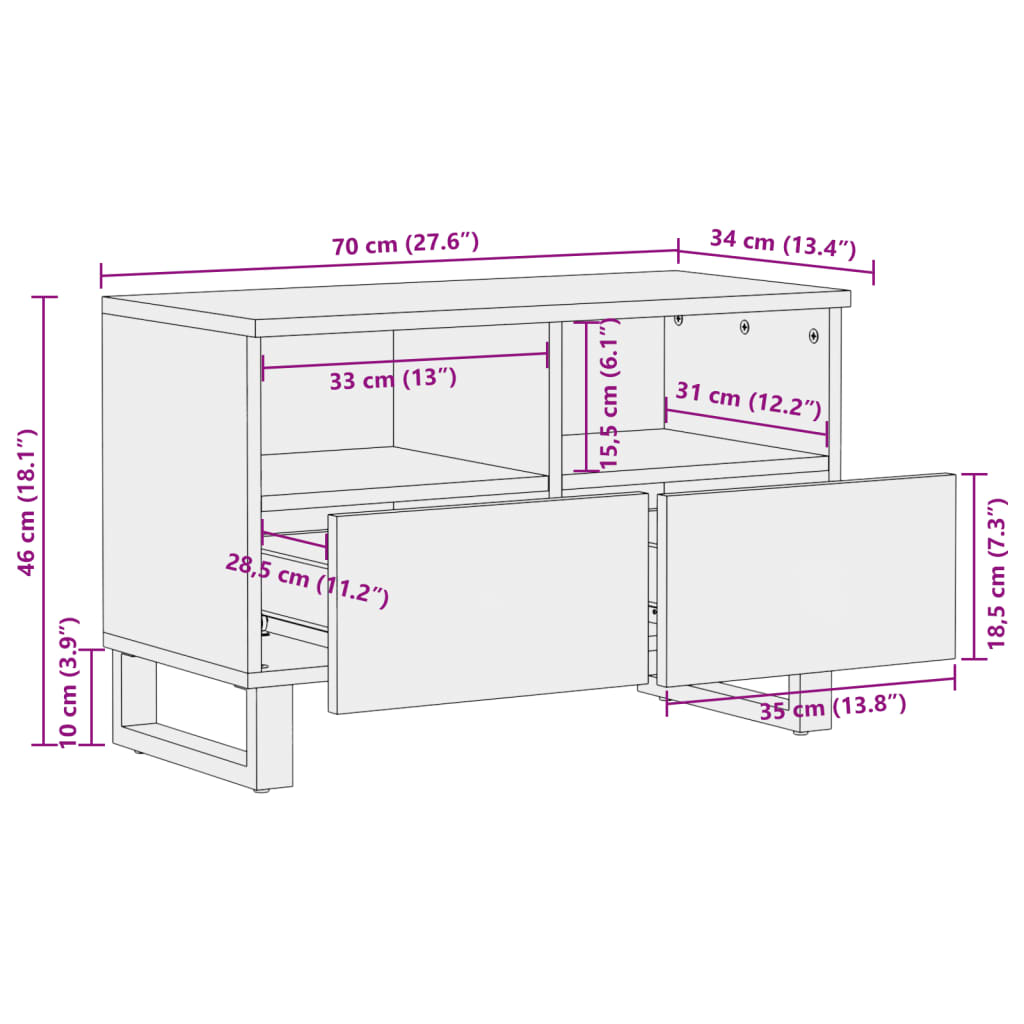 Tv-meubel 70x34x46 cm massief mangohout wit