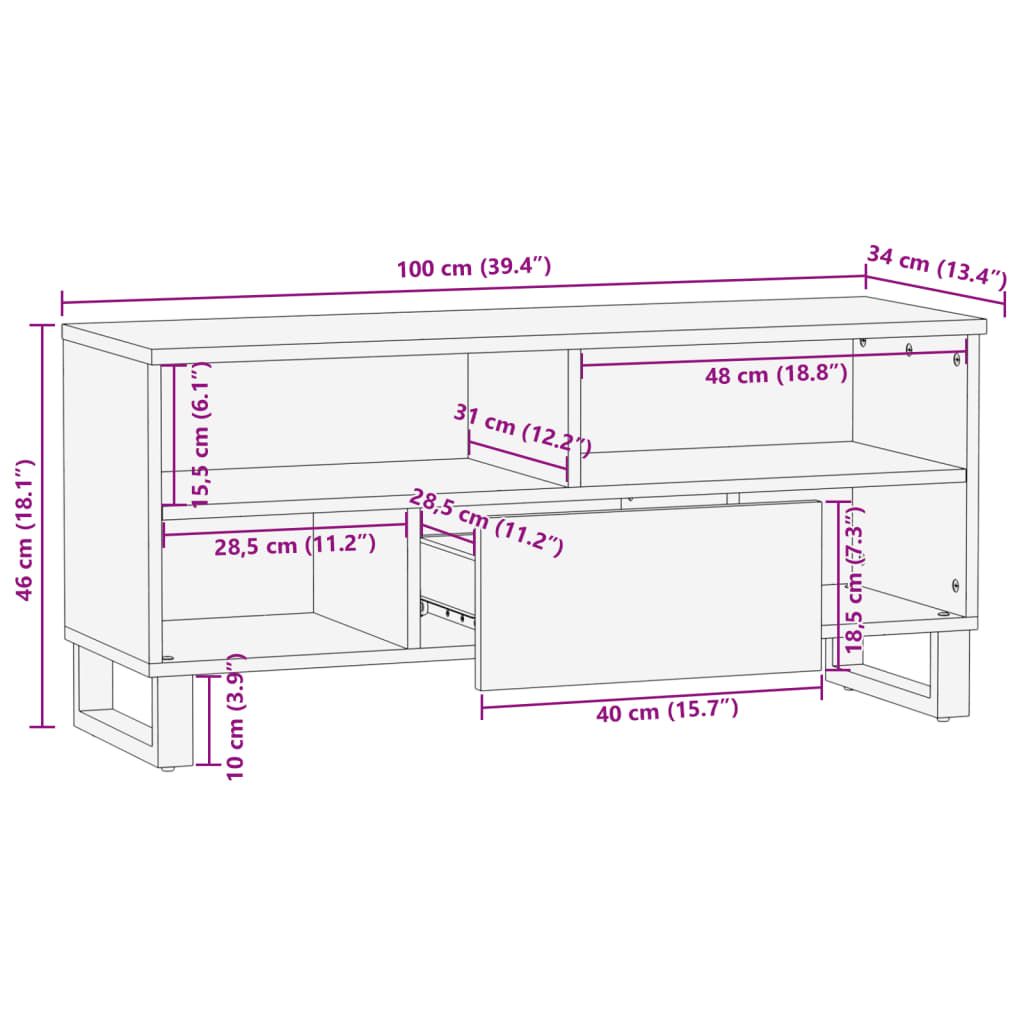 Tv-meubel 100x34x46 cm massief mangohout bruin