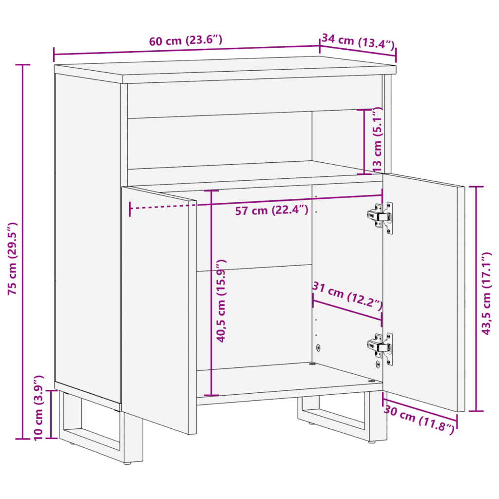 Dressoir 60x34x75 cm massief mangohout