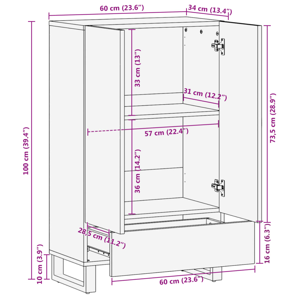 Hoge kast 60x34x100 cm massief acaciahout