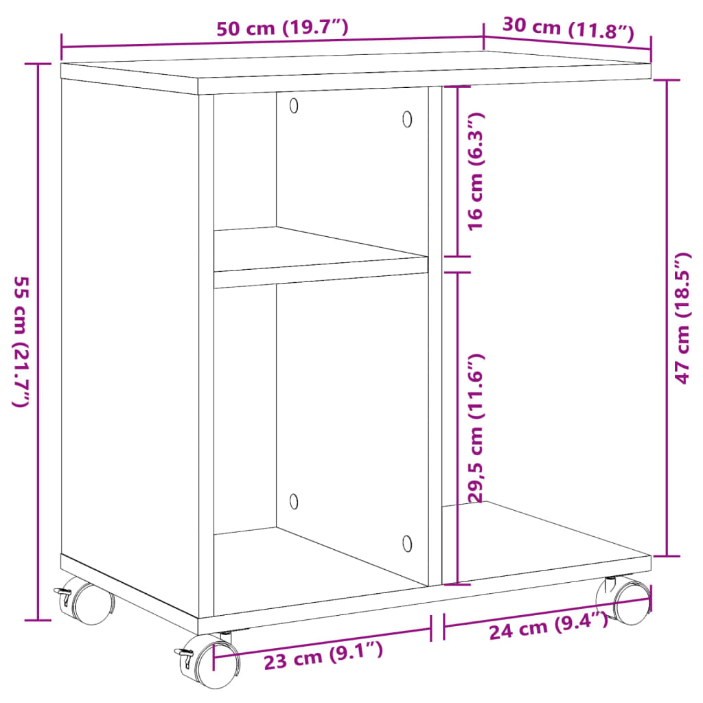 Bijzettafel met wieltjes 50x30x55 bewerkt hout wit