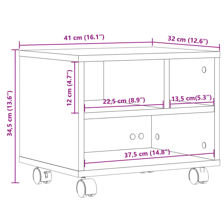 Printerkastje met wielen 41x32x34,5 cm gerookt eikenkleurig