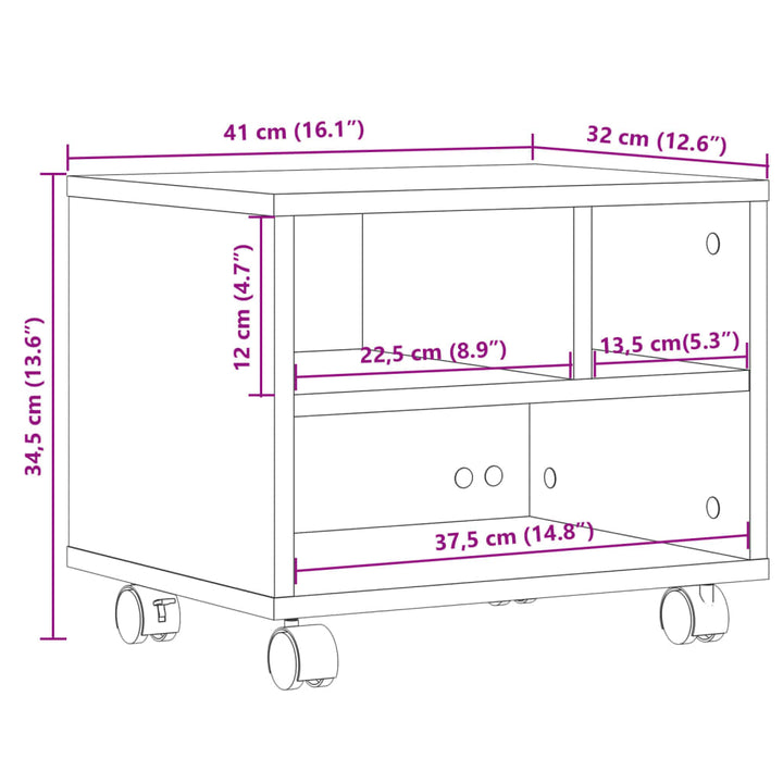 Printerkastje met wielen 41x32x34,5 cm grijs sonoma eikenkleur