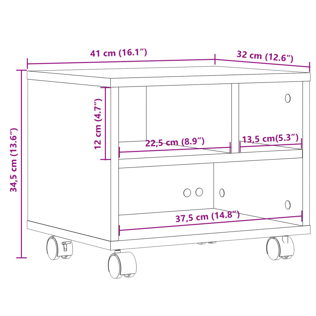 Printerkastje met wielen 41x32x34,5 cm bruin eikenkleurig