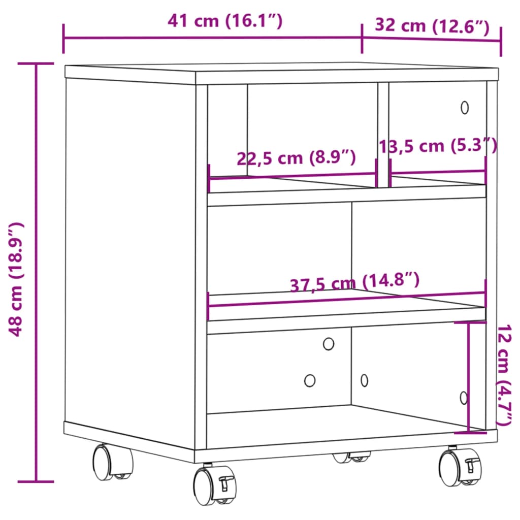 Printerkastje met wielen 41x32x48 cm grijs sonoma eikenkleur