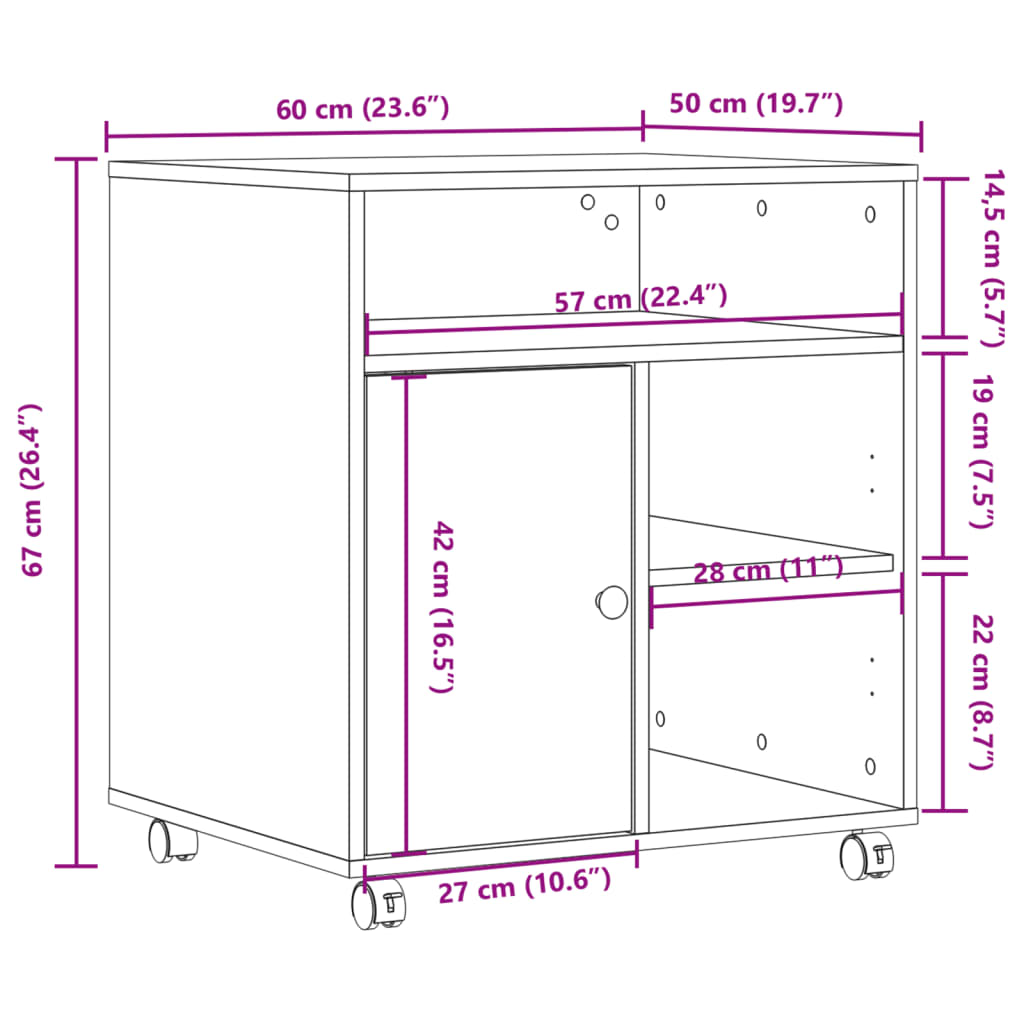 Printerkastje met wielen 60x50x67 cm wit