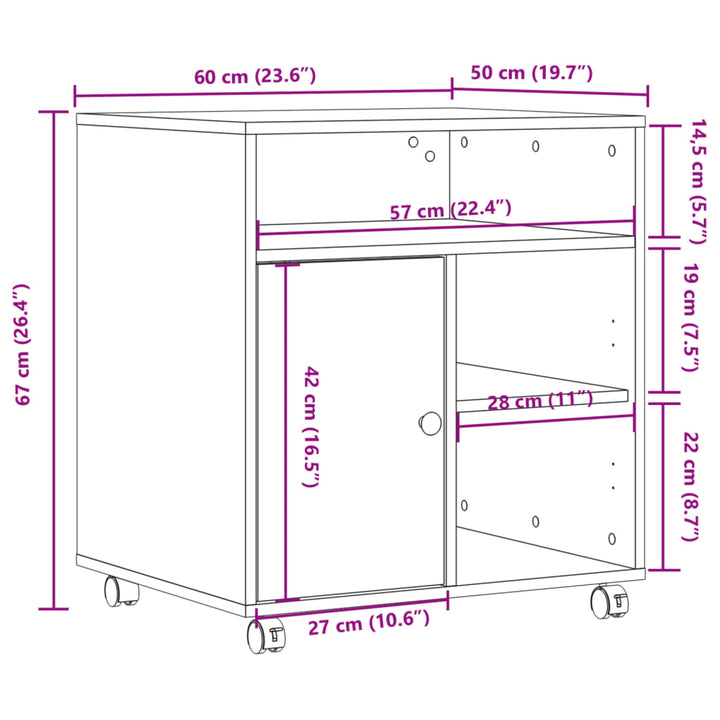 Printerkastje met wielen 60x50x67 cm wit