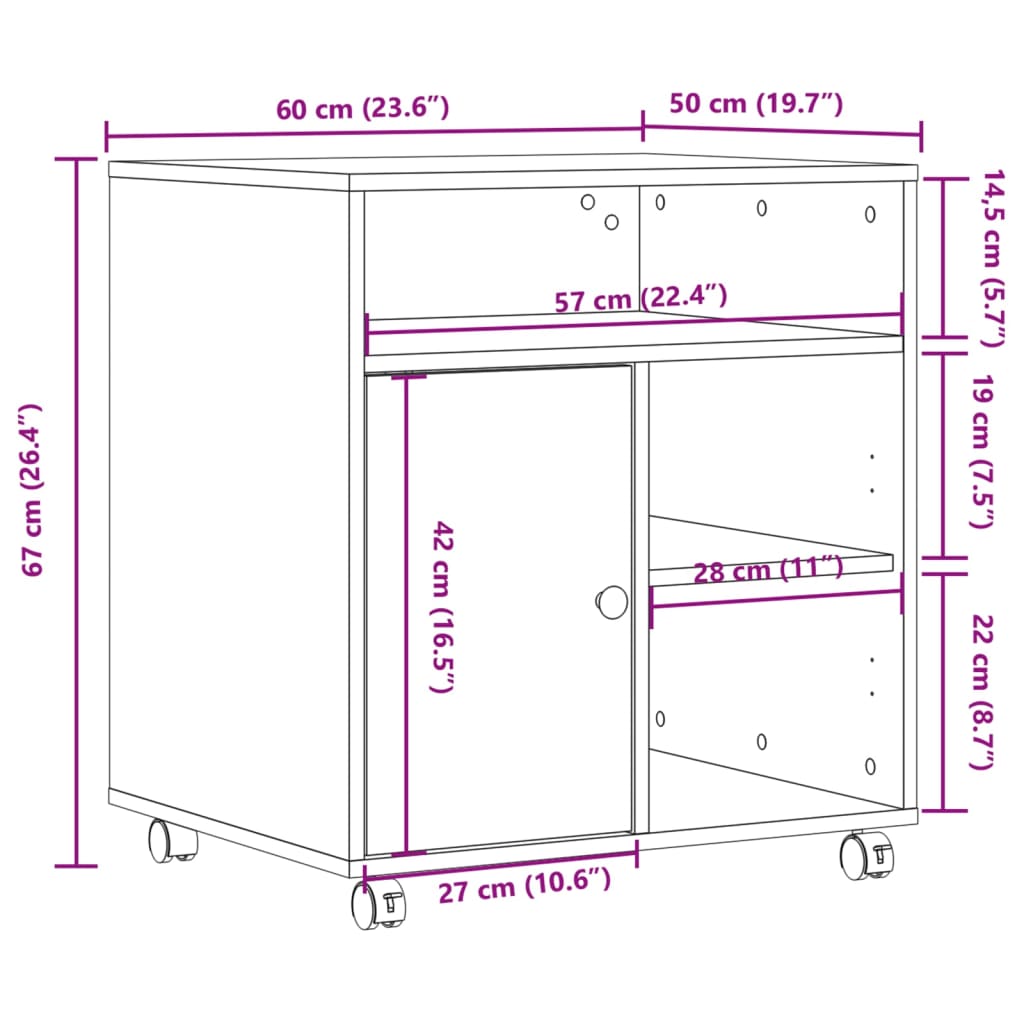 Printerkastje met wielen 60x50x67 cm gerookt eikenkleurig