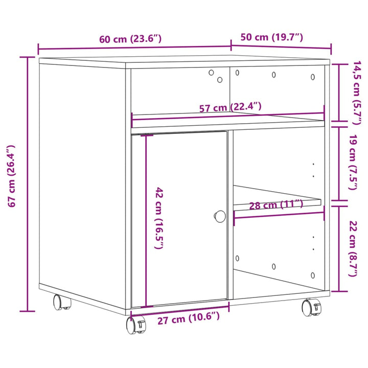 Printerkastje met wielen 60x50x67 cm gerookt eikenkleurig