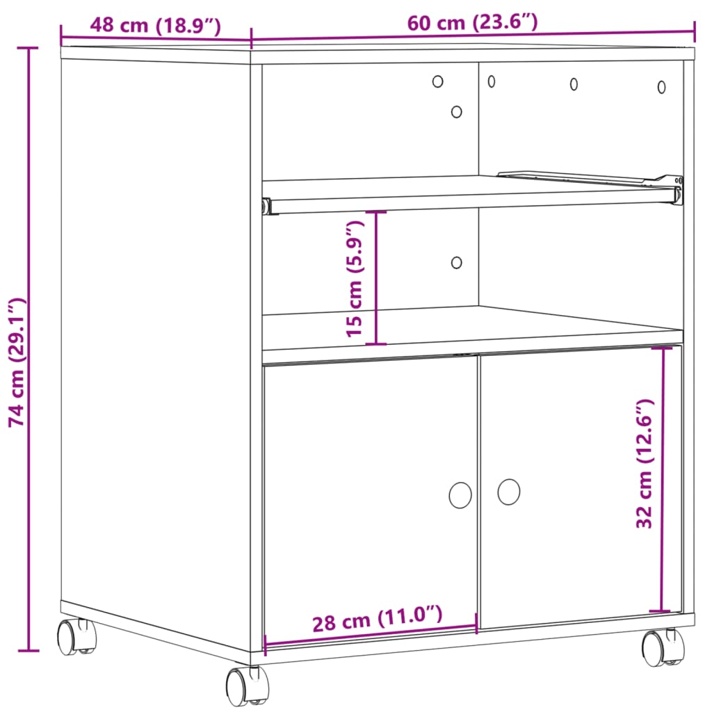 Printerkastje met wielen 60x48x74 cm gerookt eikenkleurig