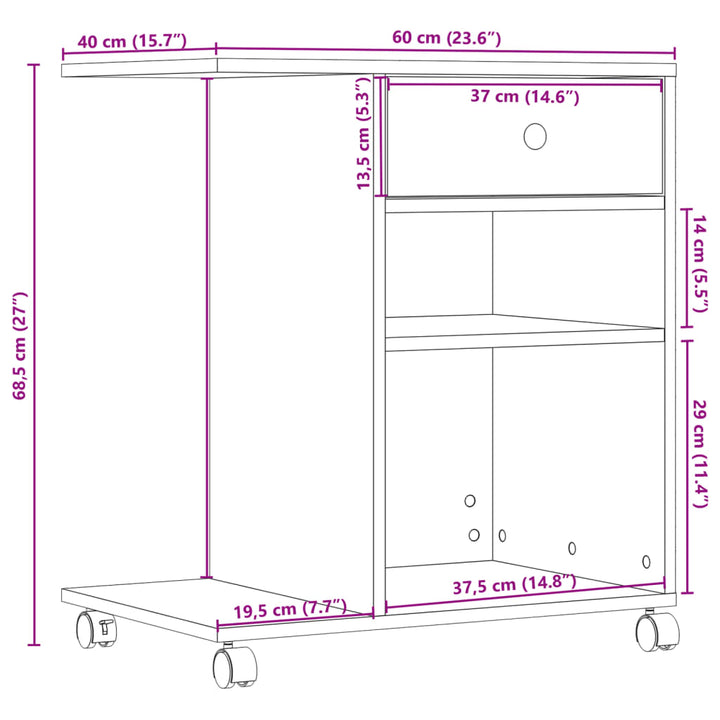 Printerkastje met wielen 60x40x68,5 cm wit