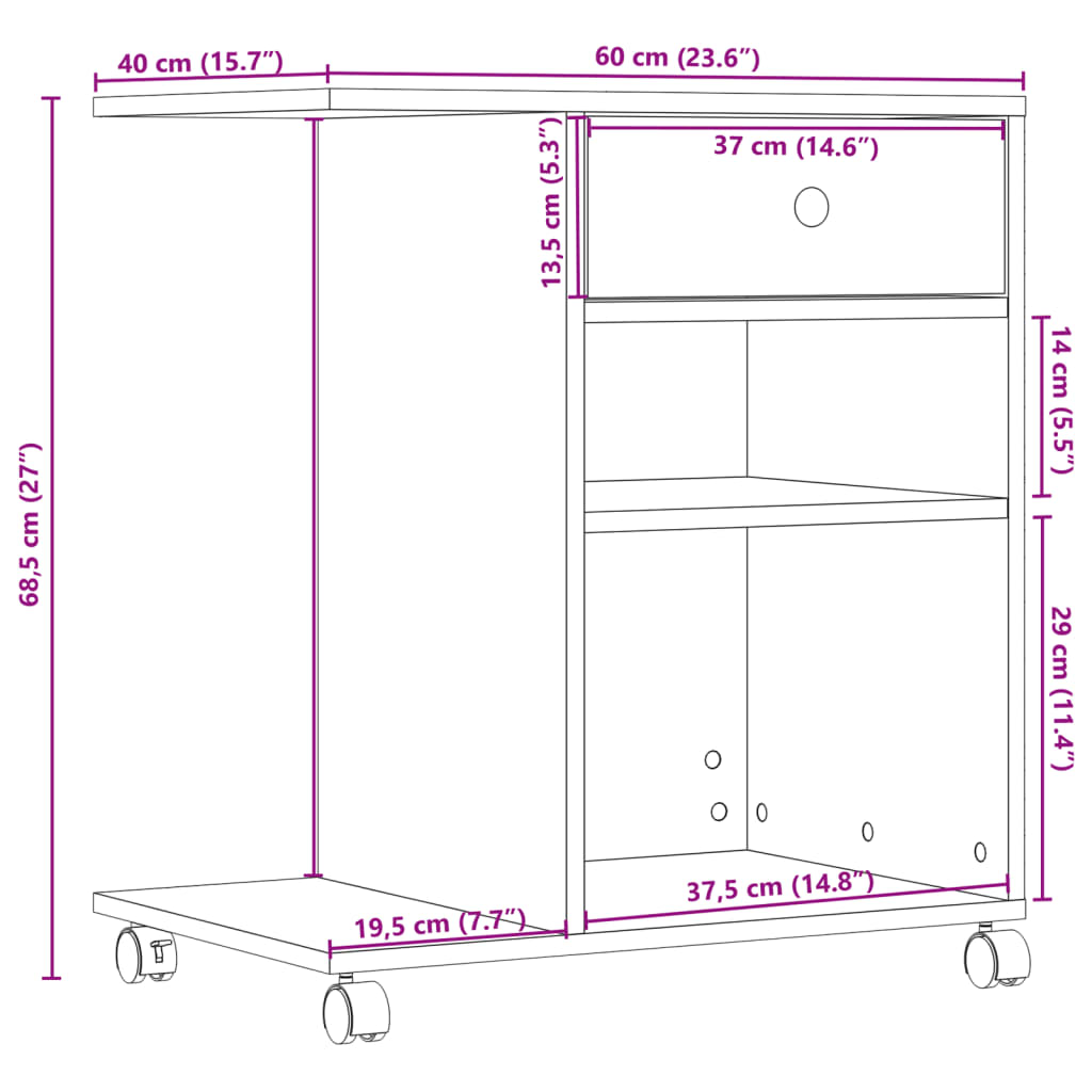 Printerkastje met wielen 60x40x68,5 cm gerookt eikenkleurig