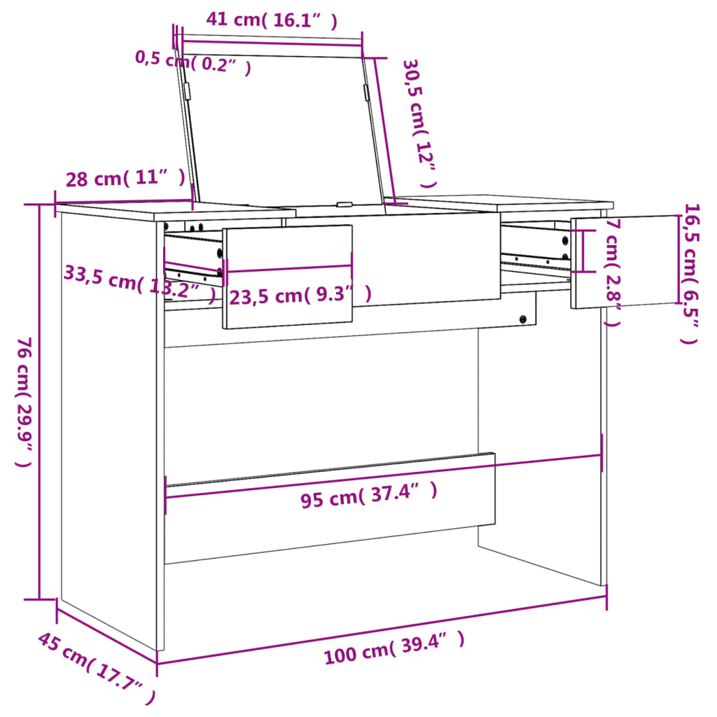 Kaptafel met spiegel 100x45x76 cm zwart