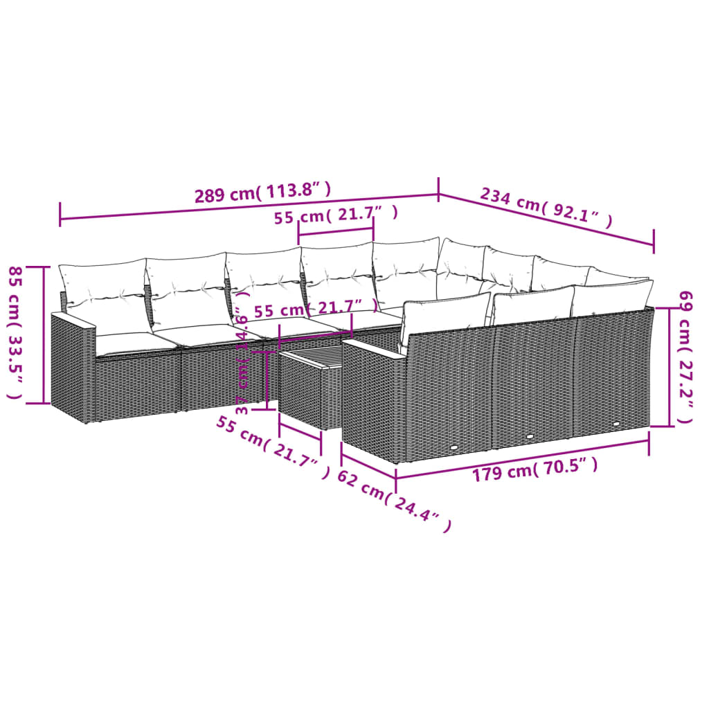 11-delige Tuinset met kussens poly rattan beige