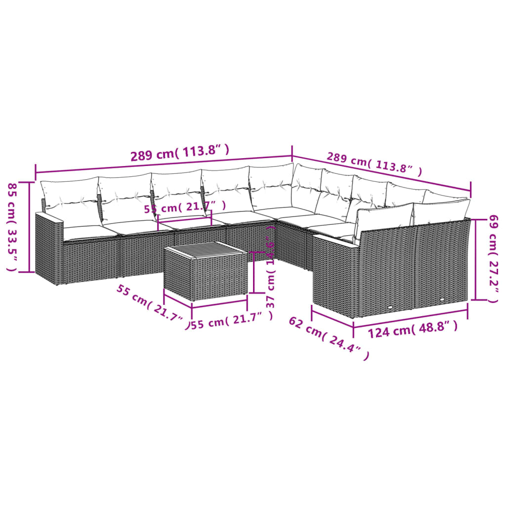 11-delige Tuinset met kussens poly rattan beige