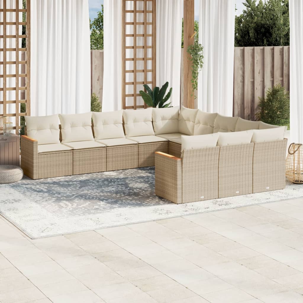 11-delige Tuinset met kussens poly rattan beige