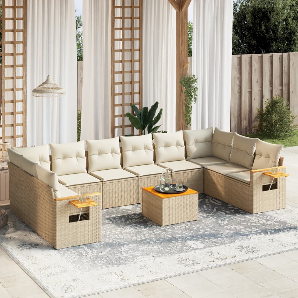 11-delige Tuinset met kussens poly rattan beige