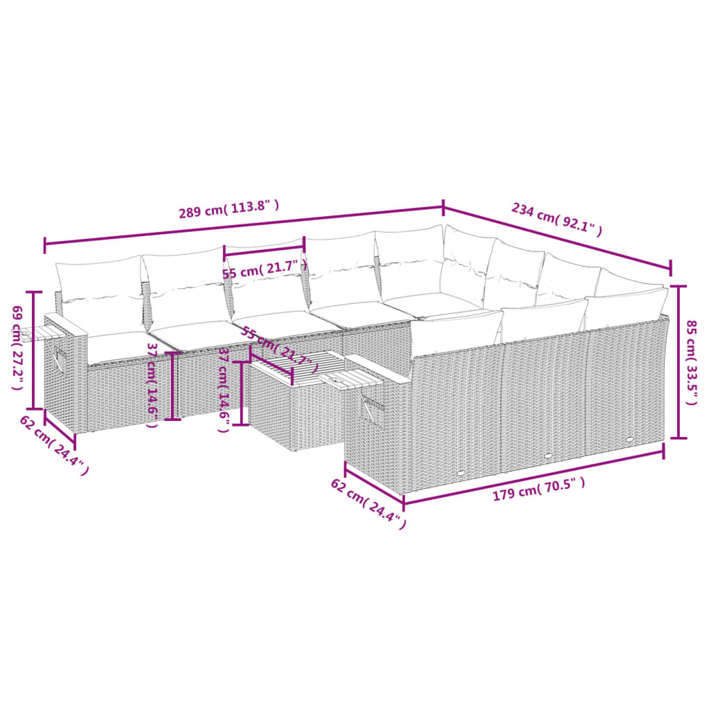 11-delige Tuinset met kussens poly rattan beige