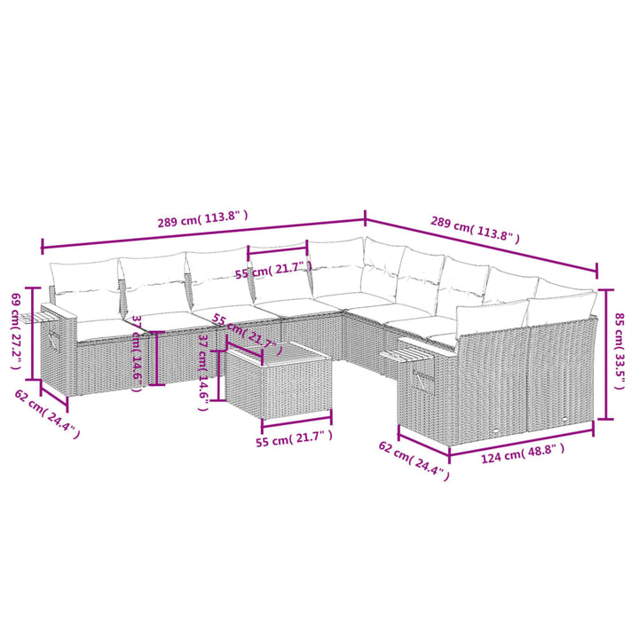 11-delige Tuinset met kussens poly rattan beige