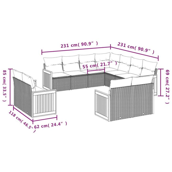 11-delige Tuinset met kussens poly rattan beige