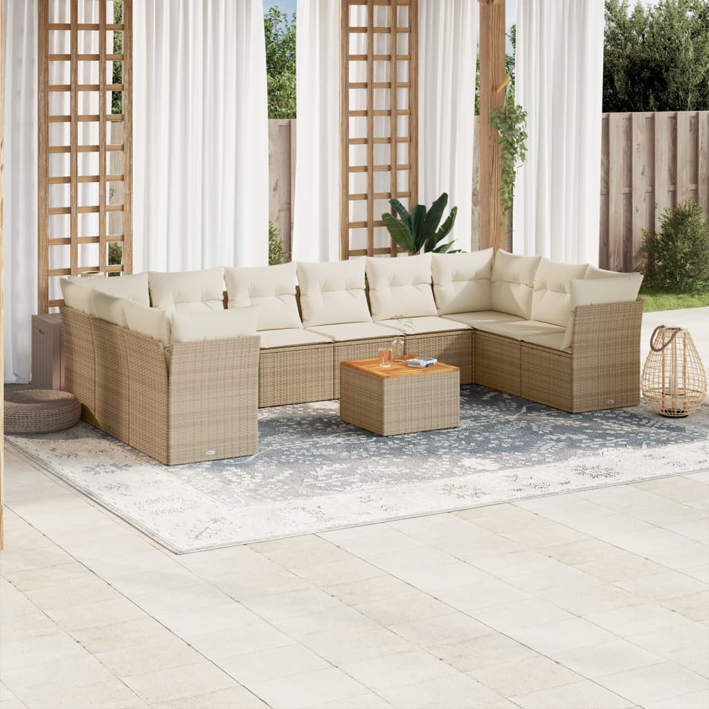 11-delige Tuinset met kussens poly rattan beige