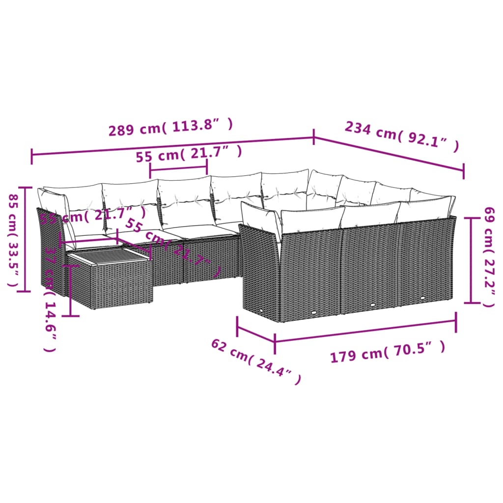 11-delige Tuinset met kussens poly rattan beige