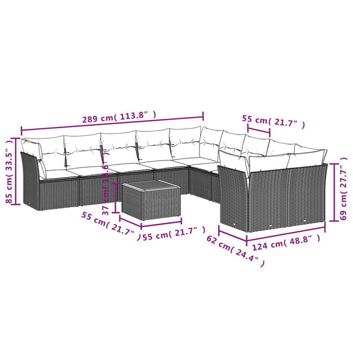 11-delige Tuinset met kussens poly rattan beige