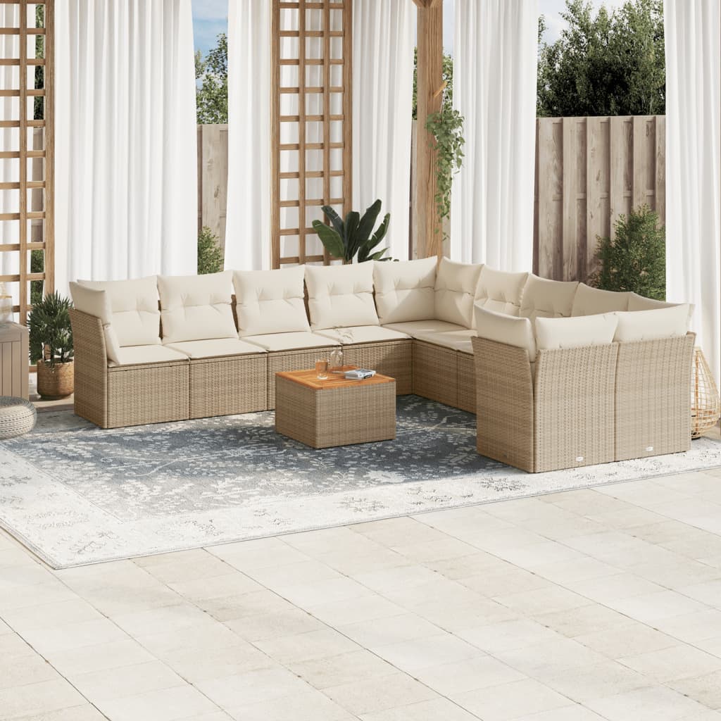 11-delige Tuinset met kussens poly rattan beige