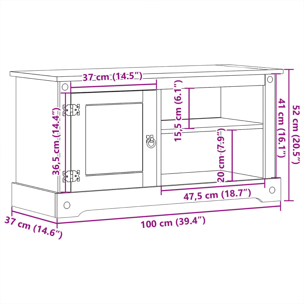 Tv-meubel Corona 100x37x52 cm massief grenenhout