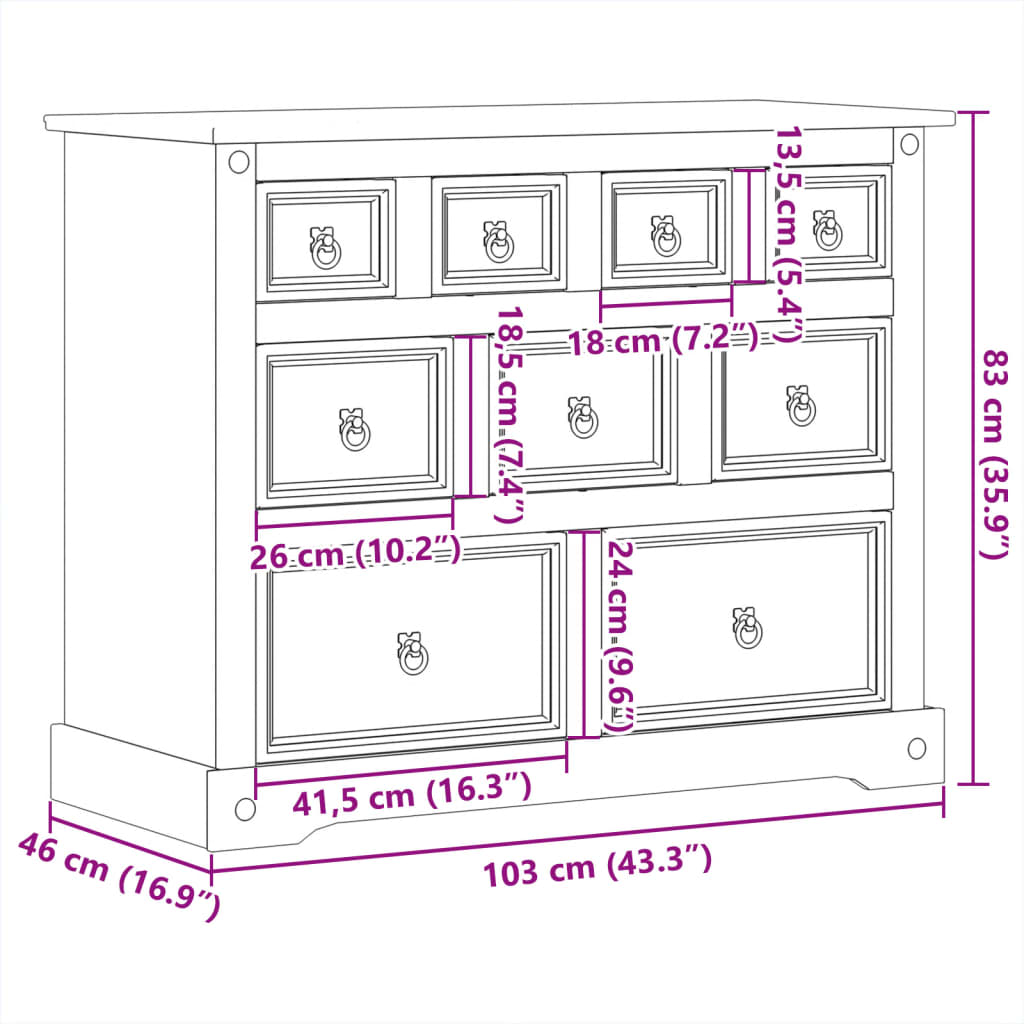 Ladekast Corona 103x46x83 cm massief grenenhout