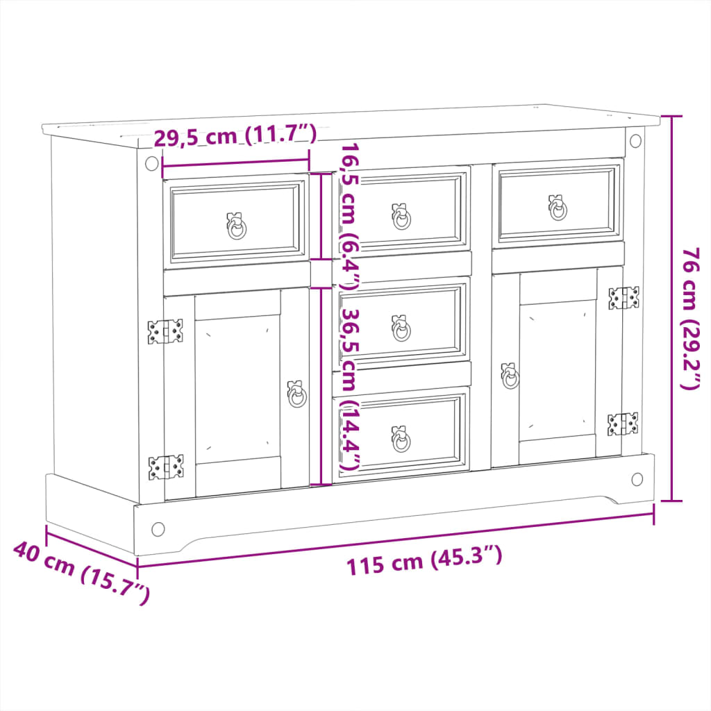 Dressoir Corona 115x40x76 cm massief grenenhout