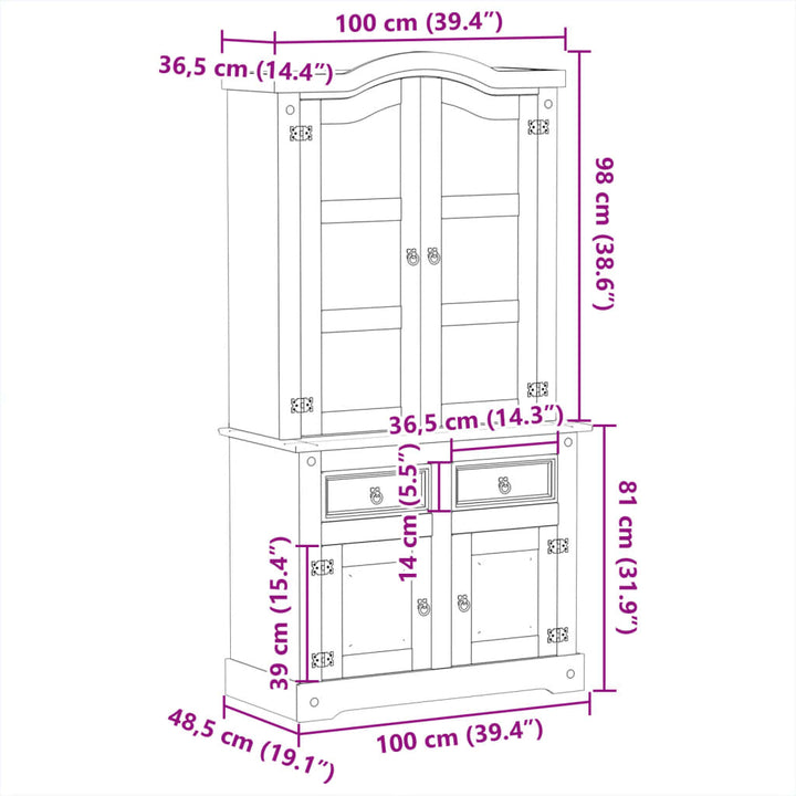 Vitrinekast Corona 100x48,5x179 cm massief grenenhout