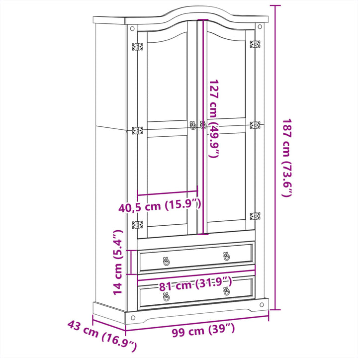 Vitrinekast Corona 99x43x187 cm massief grenenhout