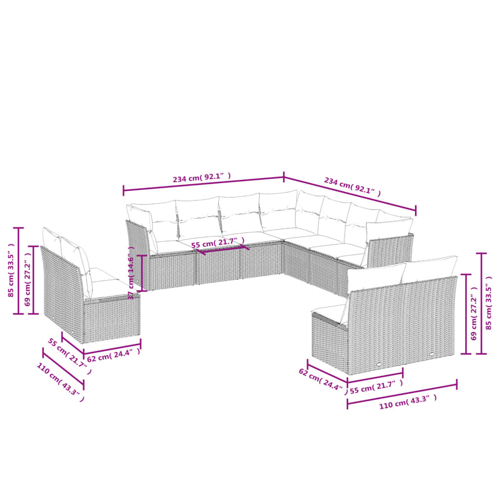 11-delige Tuinset met kussens poly rattan beige