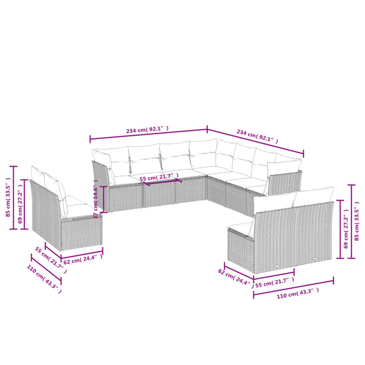 11-delige Tuinset met kussens poly rattan beige