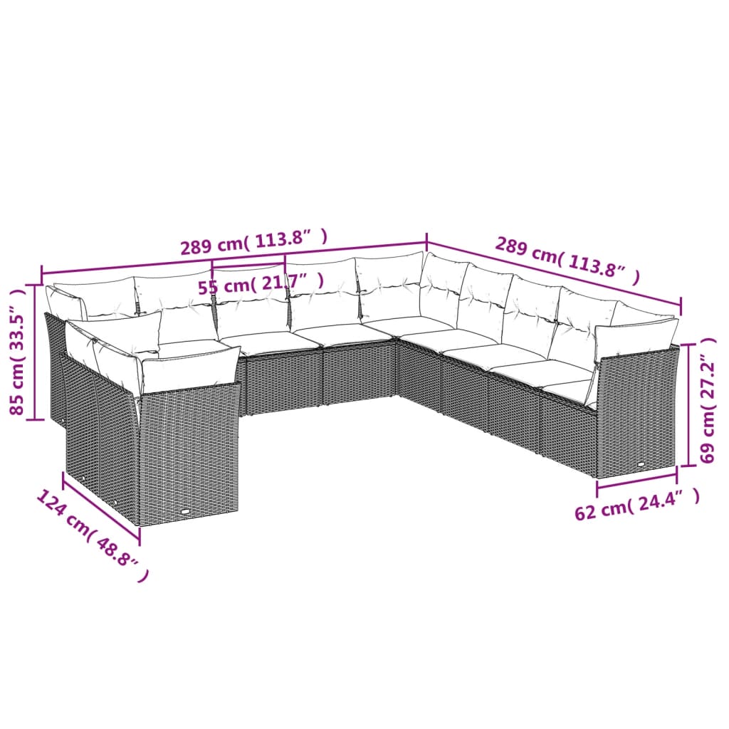 11-delige Tuinset met kussens poly rattan beige