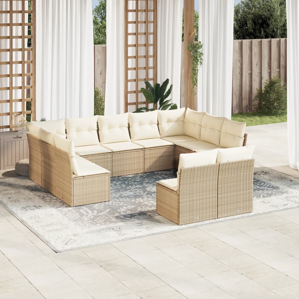 11-delige Tuinset met kussens poly rattan beige