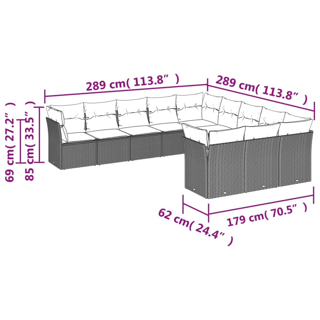 11-delige Tuinset met kussens poly rattan beige