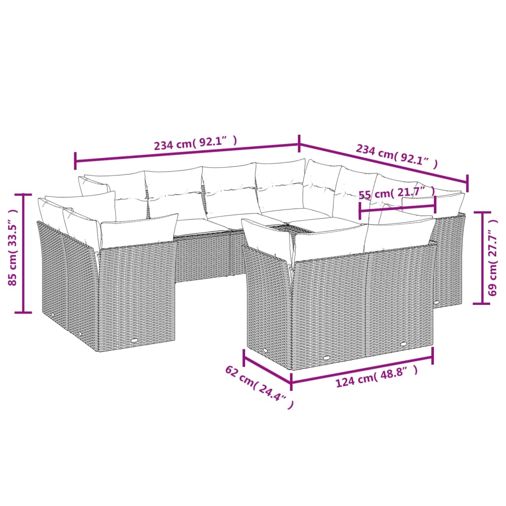 11-delige Tuinset met kussens poly rattan beige