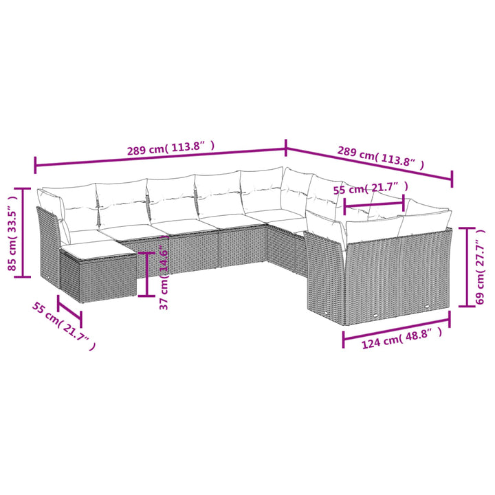 11-delige Tuinset met kussens poly rattan beige