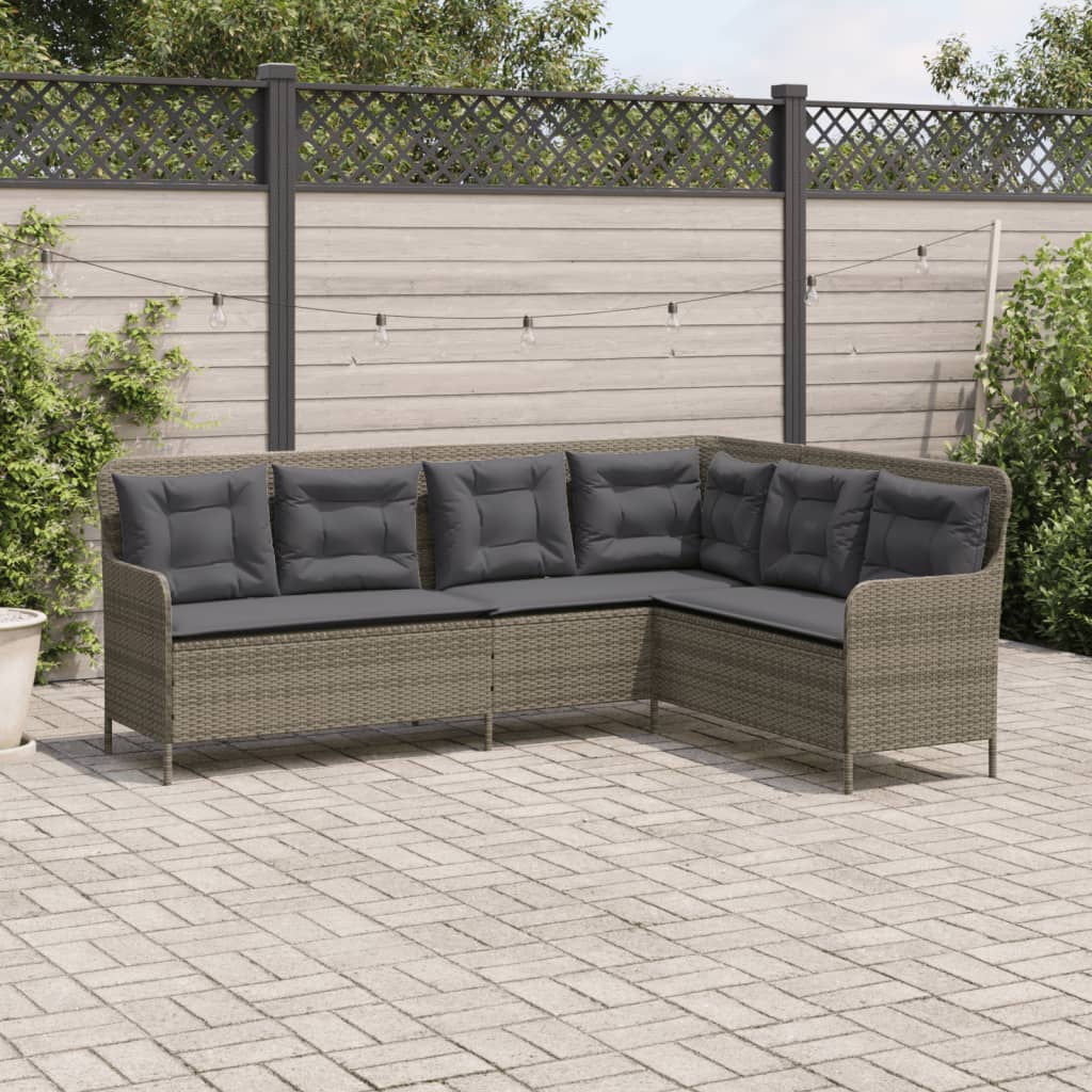 Tuinbank met kussens L-vormig poly rattan grijs