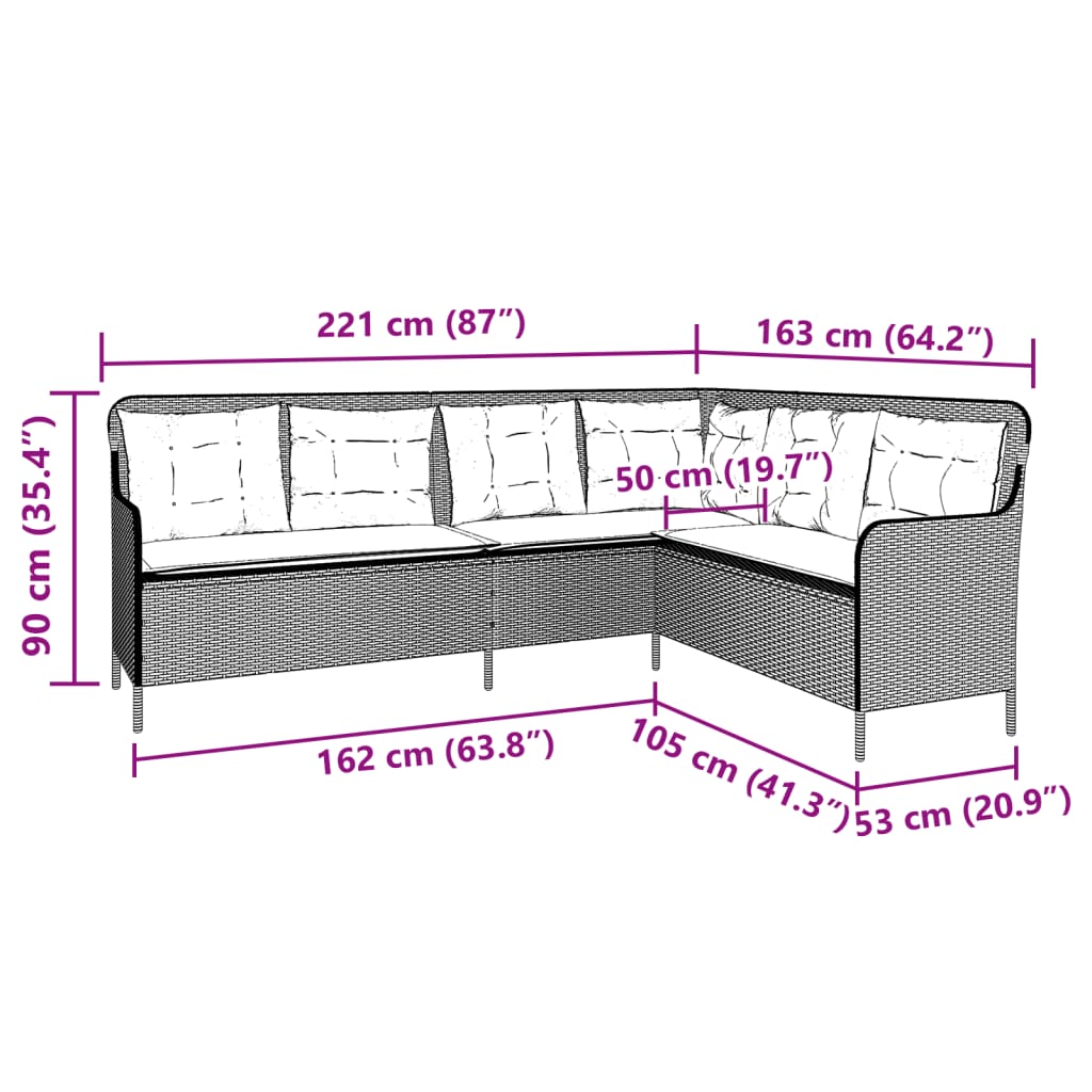 Tuinbank met kussens L-vormig poly rattan beige