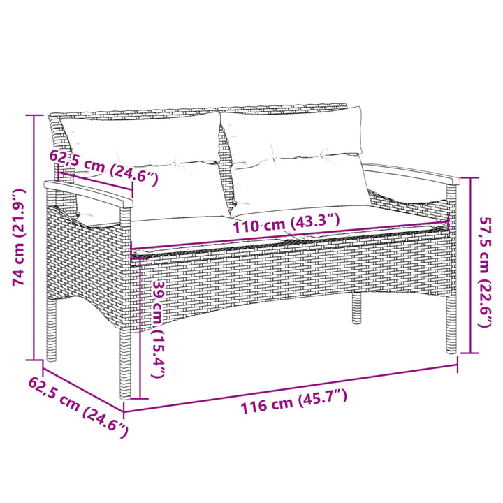 Tuinbank met kussens 116x62,5x74 cm poly rattan zwart