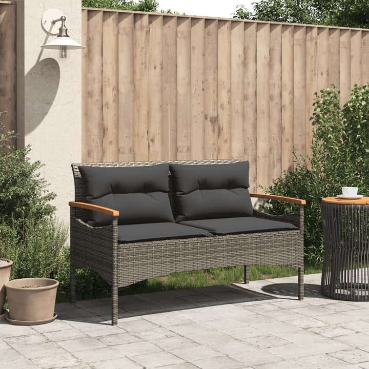 Tuinbank met kussens 116x62,5x74 cm poly rattan grijs