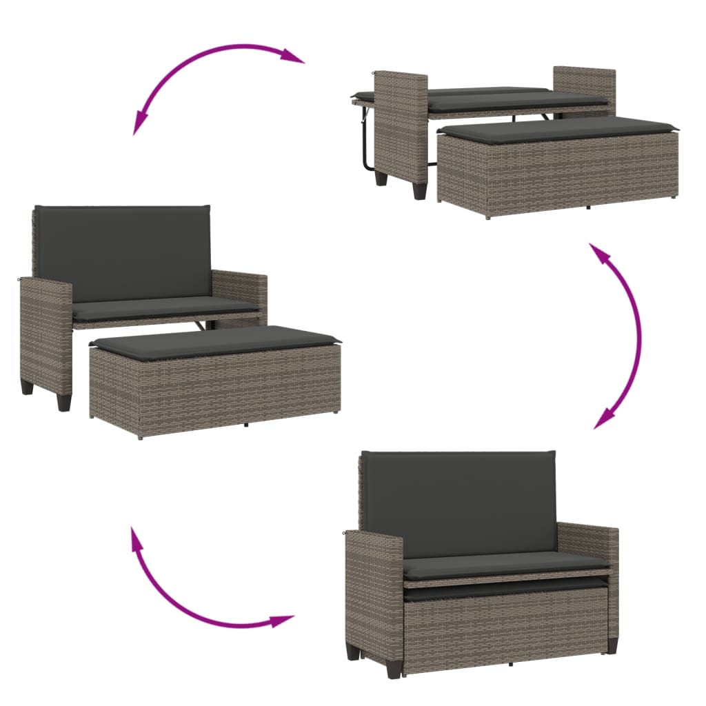 Tuinbank met kussens en voetenbank poly rattan grijs