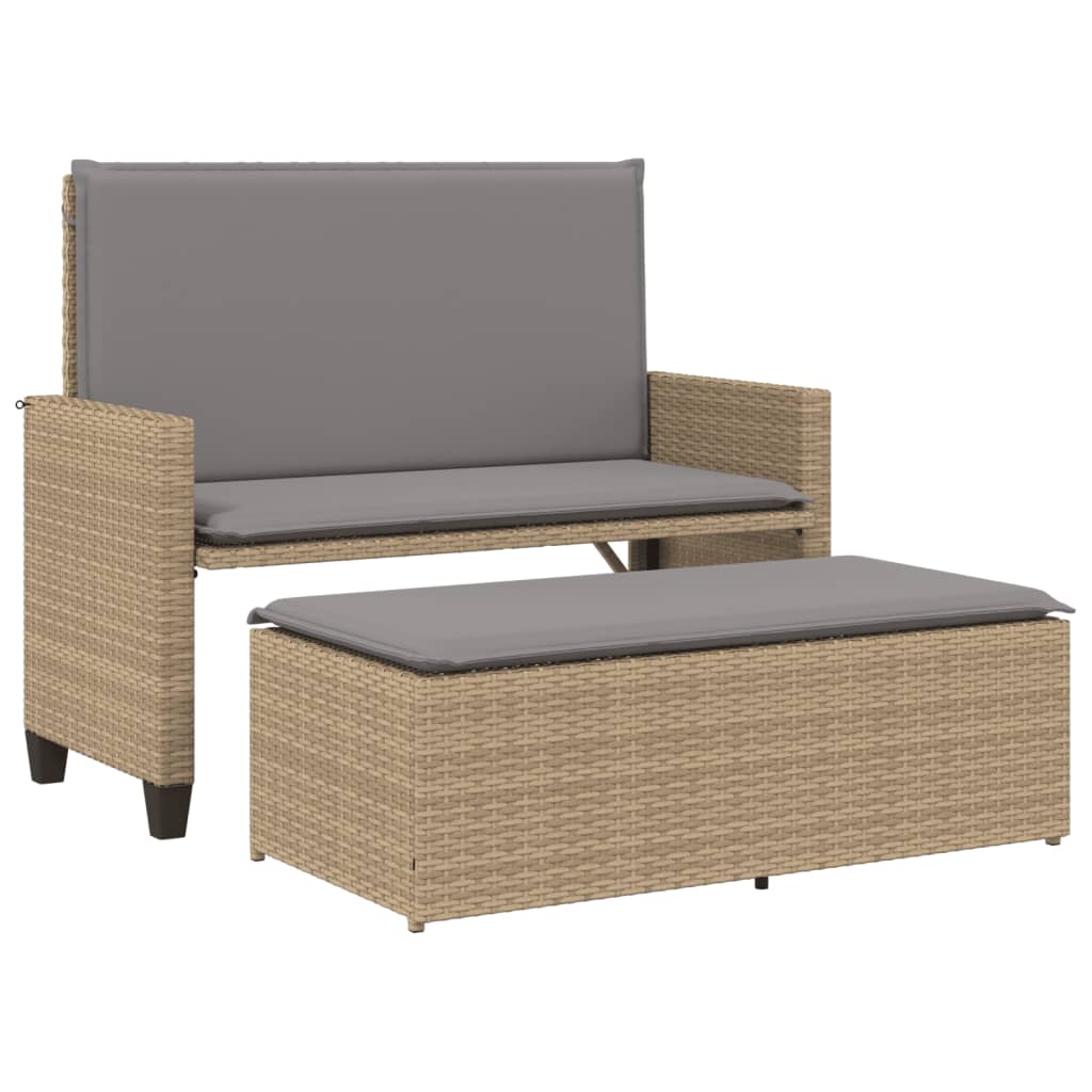 Tuinbank met kussens en voetenbank poly rattan beige