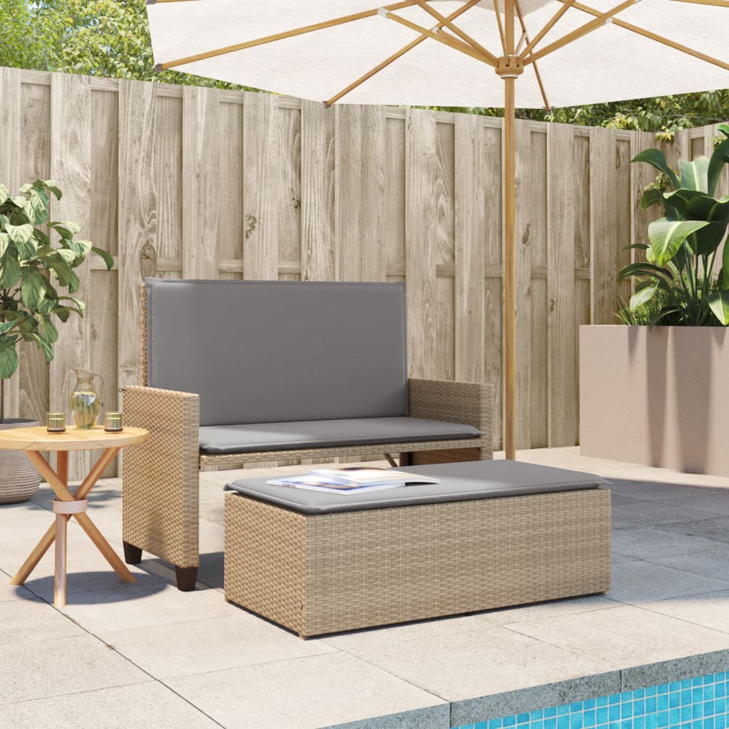 Tuinbank met kussens en voetenbank poly rattan beige